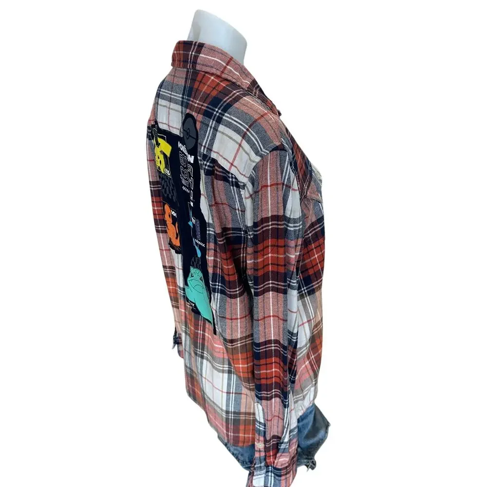 Pokemon Flannel Plaid Shirt LARGE Oversized One of Kind Upcycled Pikachu Unique - Picture 3 of 6